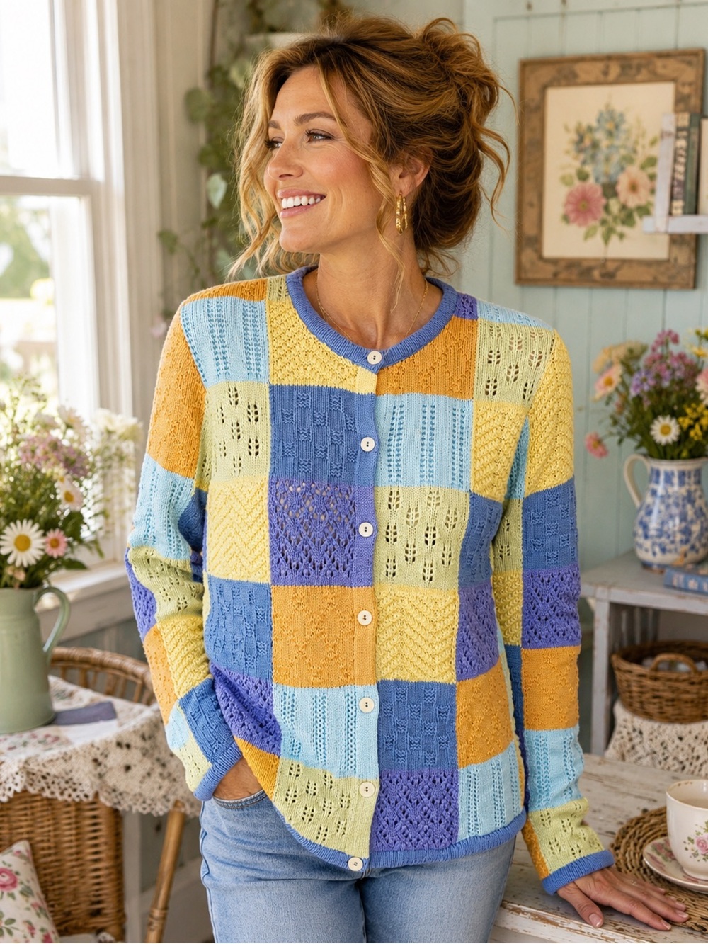 Talbots Patchwork Cotton Cardigan Sweater Multicolor Size M Made in USA